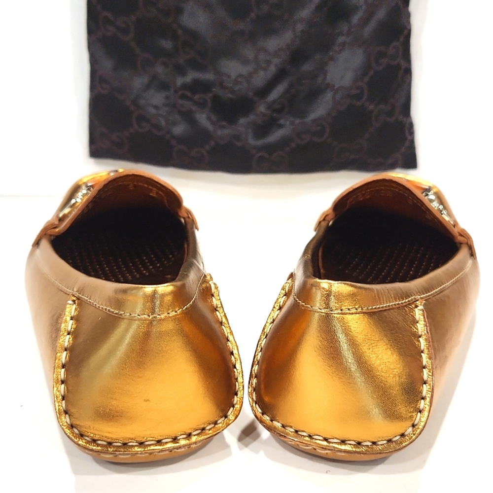 NEW!! Gucci Bamboo Horsebit Gold Leather Driving Shoes Loafers 155162 Size 5B - Picture 7 of 16